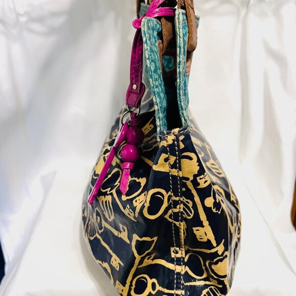 Fossil Key-Per Shoulder/Tote Purse-Teal/Navy Shopper-14" x 12" x 3 1/2"- Leather - Picture 9 of 16